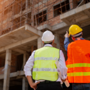 2 construction workers looking at a building and talking