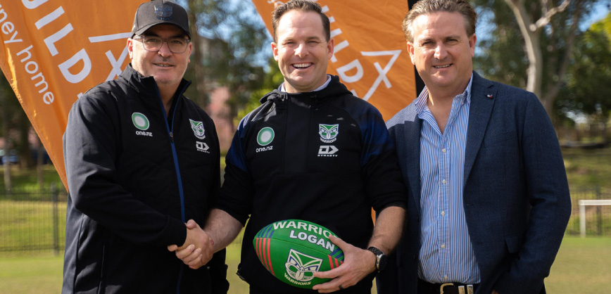 CEO of the New Zealand Warriors Cameron George, Logan Mayor Jon Raven, and Ausbuild Managing Director Matt Bell.