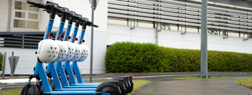 HelloRide scooters parked beside pathway